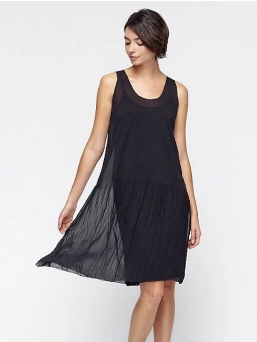 EILEEN FISHER Silk Georgette Black Gathered Sheer U-Neck Sleeveless Dress w Slip